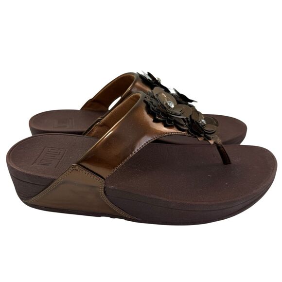 FitFlop Lulu Flower Patent Bronze Brown Thong Flip Flops Sandals Size 9 Shoes - Picture 5 of 10